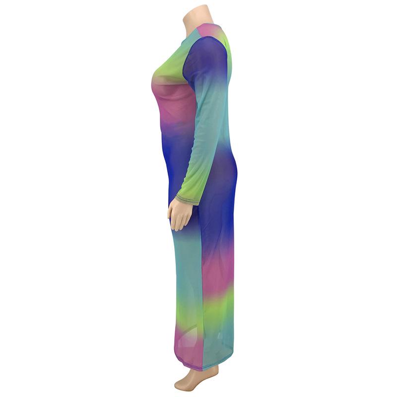 Plus Size Colorful Tie Dye Bandage Dress Women Long Sleeve Mesh Transparent Sexy Club Party Dresses