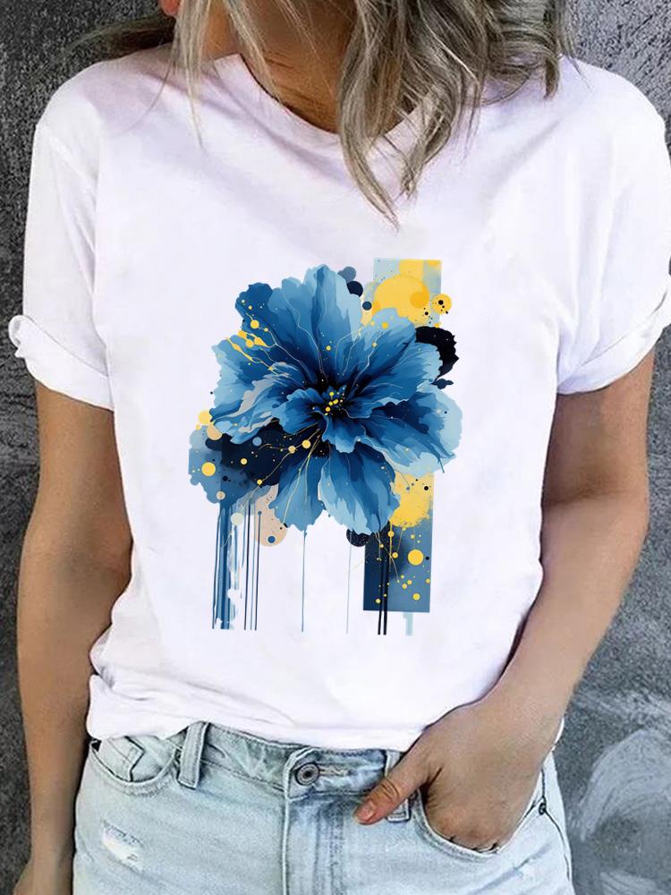 (Asian Size) Lovely Flower Style Casual Short Sleeve T Tee Top Clothing Shirt Women Printed Lady Fashion Female Graphic T-shirts
