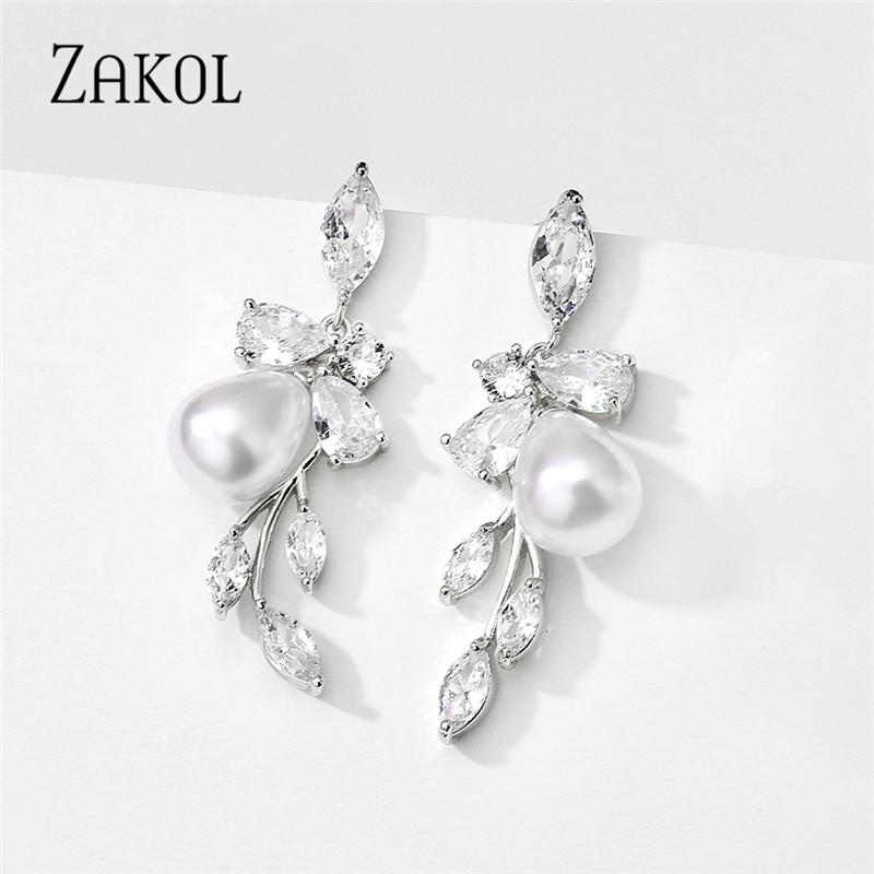 ZAKOL Elegant Luxury Water Drop Cubic Zirconia Leaf Dangle Earrings for Women Fashion AAA CZ Bridal Wedding Jewelry EP5154
