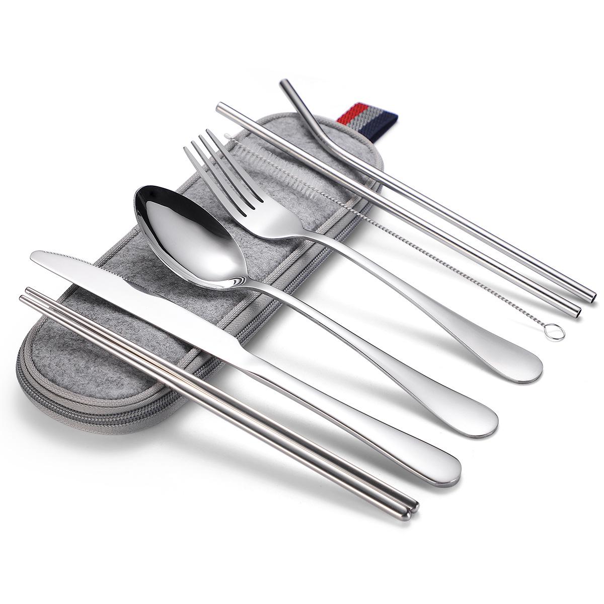 

Portable 7-Piece Stainless Steel Cutlery Set: Knife, Fork, Spoon, Chopsticks & Straw with Storage - Durable Camping Utensils.