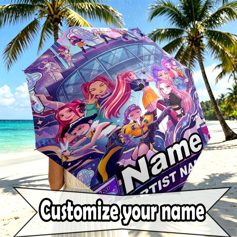 Custom Name Personalized Kpop Demon Hunter Print Umbrella, Auto Open Close, 8‑Rib Sturdy Frame, Commute Camping Hiking Use, Birthday Gift