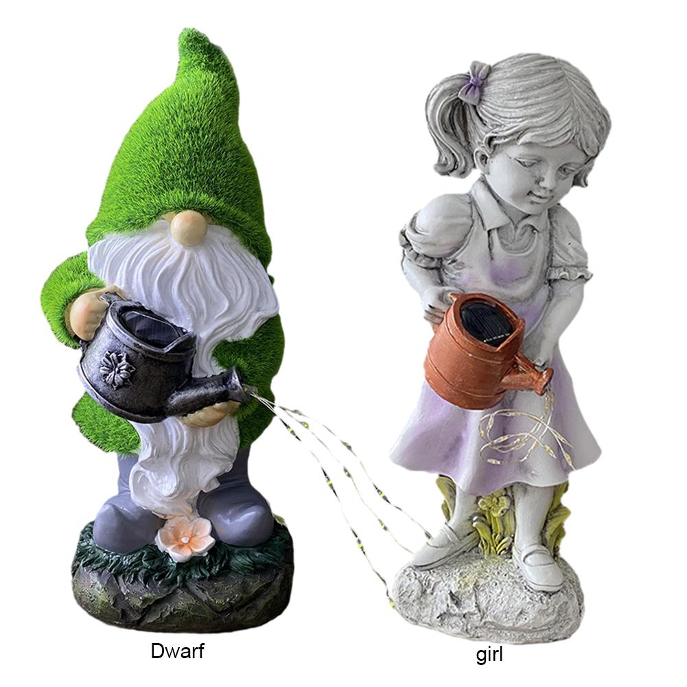 Solar Powered Dwarf Holding Kettle Figurine Resin Girl Kettle Statue Waterproof Cute Gnome Lighting Statue for Garden Yard Decor