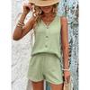 Dwuczęściowy Zestaw, Lekko Elastyczny Materiał Top z Dekoltem w Serek z Imitacją Guzików, Top Bez Rękawów i Szorty, Casual Wakacyjny.