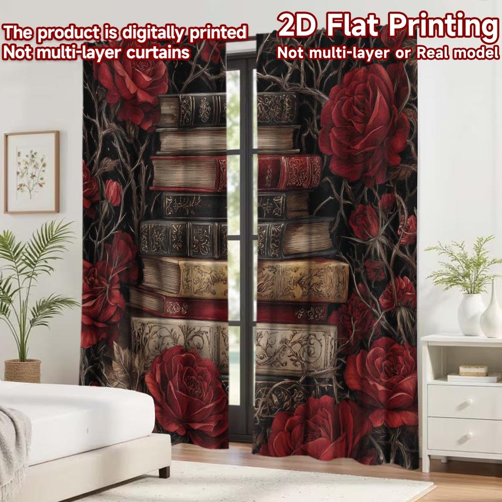 2D Flat Printing 2pcs Curtain Scene Curtains Gothic Roses and Books(1) Digital Printed Polyester Drapes Birthday Party for