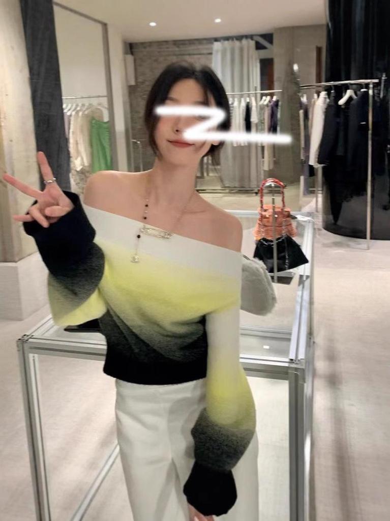 Versatile Gradient One-Shoulder Sweater - Brown/Black or Yellow/Black Color Block