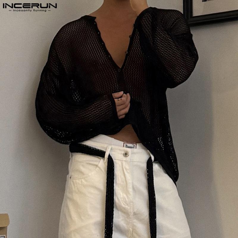 INCERUN Nadměrné Pánské Zavazovací Dlouhý Rukáv Zapínání na Knoflíky Síťované Průhledné Vykrojené Trička Topy