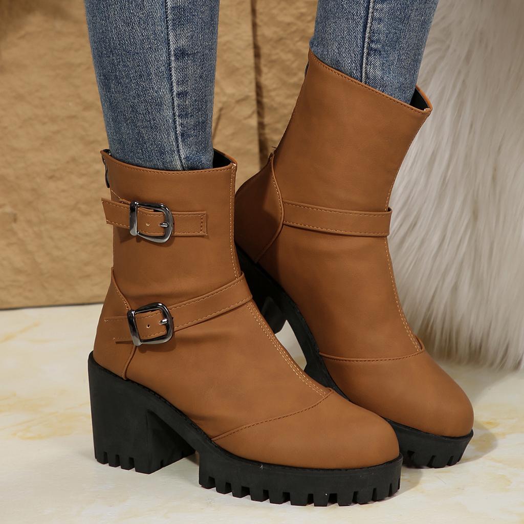 Fashion New Boots for Woman Double Buckle Decoration 2024 High Quality Back Zipper Solid Color Round Head Women's Ankle Booties