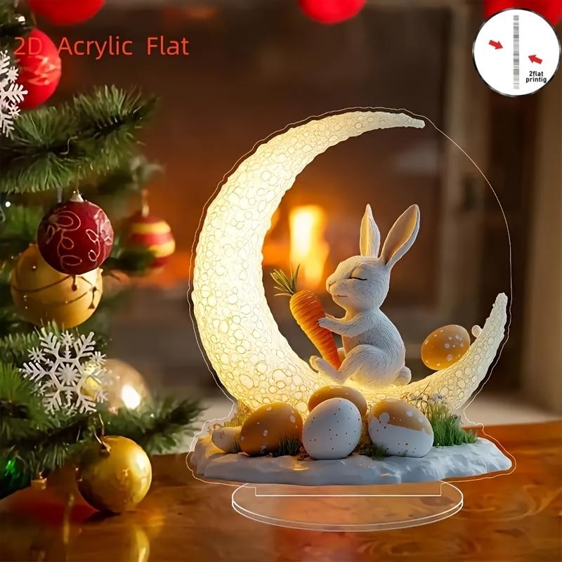 2D Flat Traditional Easter Bunny Acrylic Desktop Decoration, Moon and Eggs, Home Decor Plaque Hanging Wall Art Decorative Garden Decoration for Room D