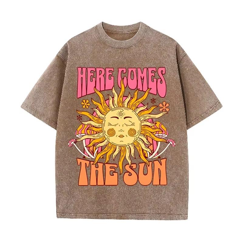 Vintage Black "Here Comes The Sun" T Shirt Retro Psychedelic Sun Acid Wash Tee
