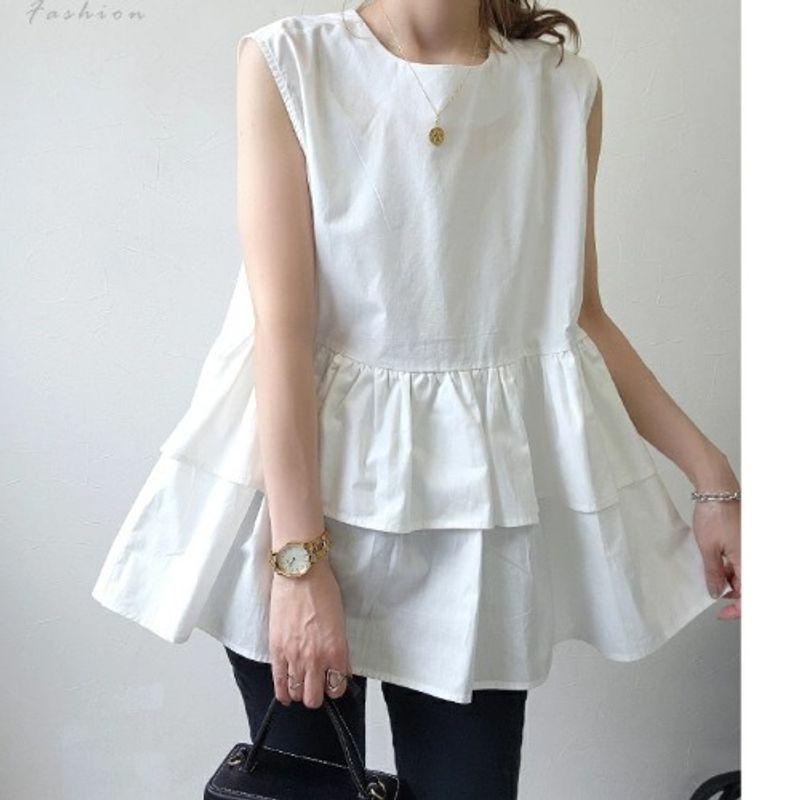 Japan Fashion Korean Style Summer New Round Neck White Girl Frill Loose Sleeveless Vest Shirts All-Match Doll Shirt