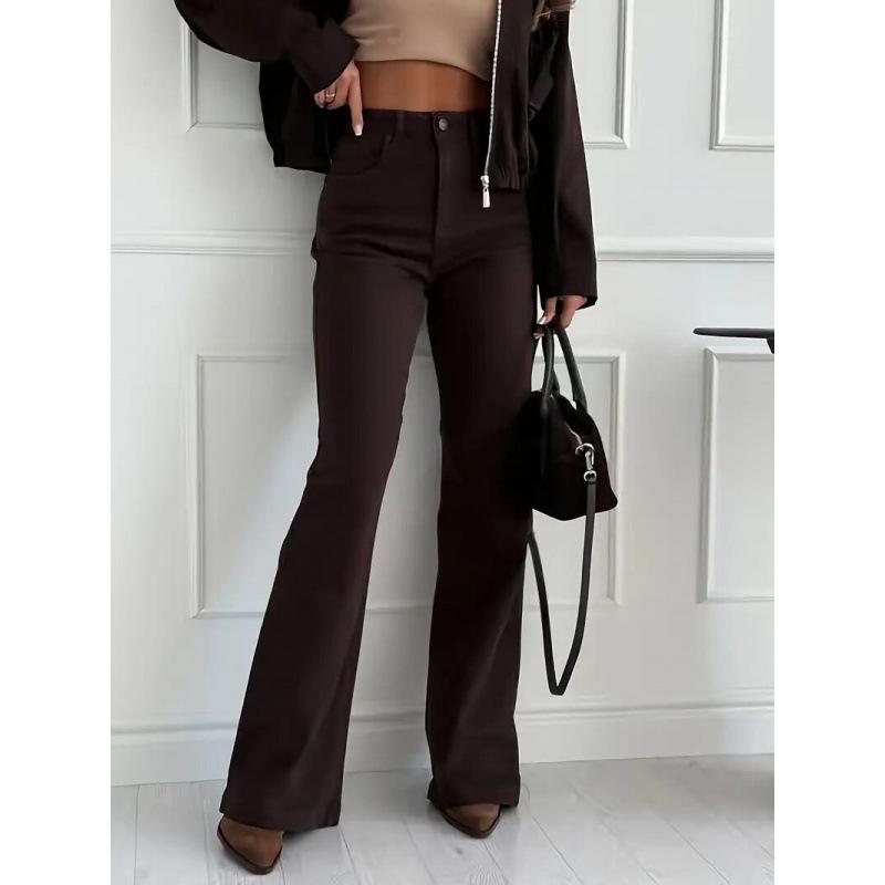 Jeans Donna Skinny Trendy Marrone Scuro – Alta Elasticità, Stile Europeo/Americano, Pantaloni in Denim Casual Micro-Svasati per il 2026.
