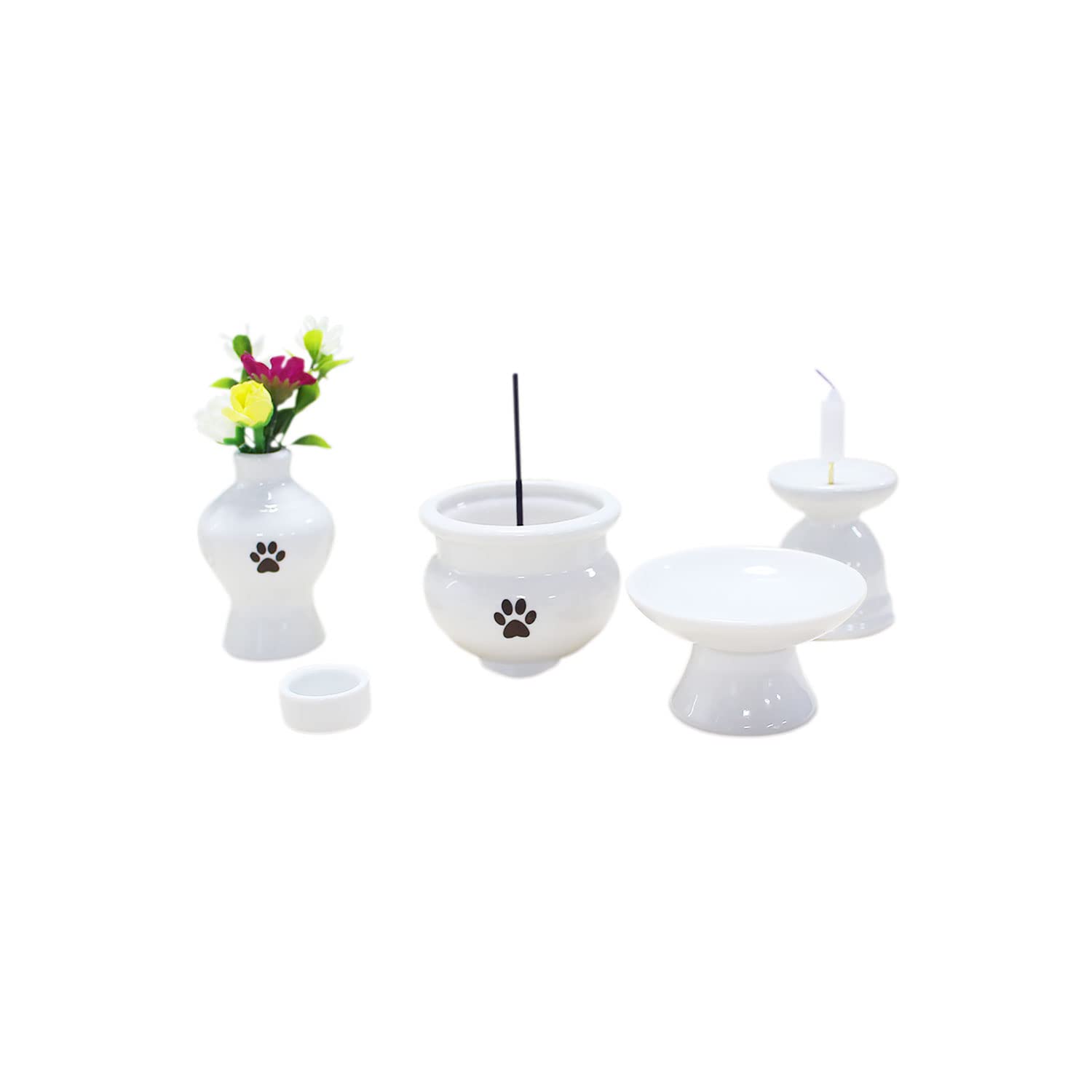 

5-Piece Pet Buddhist Altar Set with Paw Prints, White, 2-inch, Mini Bouquet with Artificial Flowers, Perfect for Pet Loss and Memorial Services
