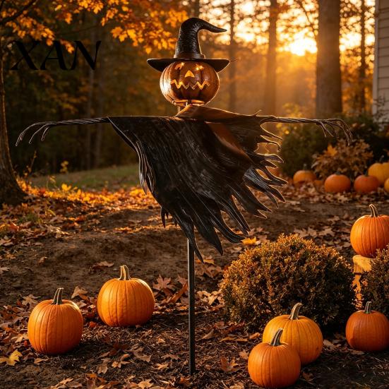 Halloween Solar Garden Stake Lights Scarecrow Lantern, Scary Pumpkin Head Metal with Creative Lawn Decorations for Party Wizard Hat, Powered
