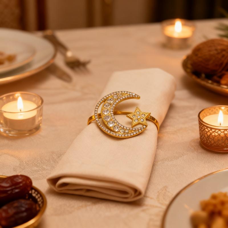 Gold Napkin RingSet Star Moon Design AlloyCrystal Metal Hollow RamadanCelebration HolidayTableware Elegant Durable Napkin Holder