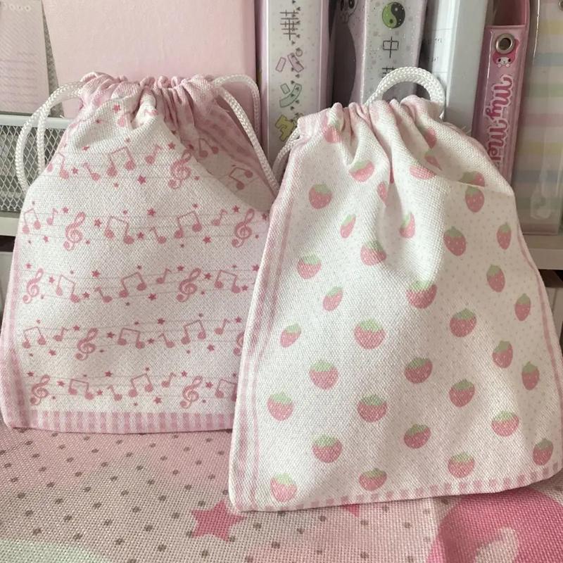 Strawberry Musical Note Drawstring Bag Large Capacity Portable Coin Purse Gift Cartoon Makeup Storage Pouch