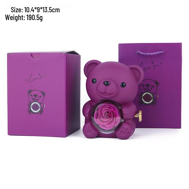 Hugging Bear Preserved Rose Gift Box with Necklace & Ring