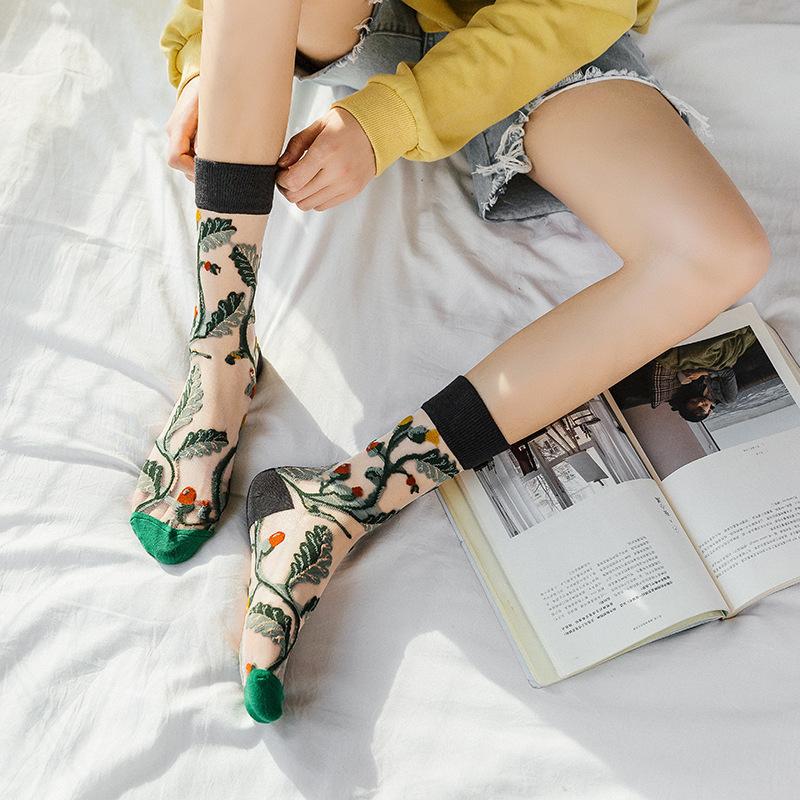 Creative Harajuku New Product Crystal Silk Tide Socks Funny Sunflowers Thin Glass Silk Tube Women's Trendy Socks Female