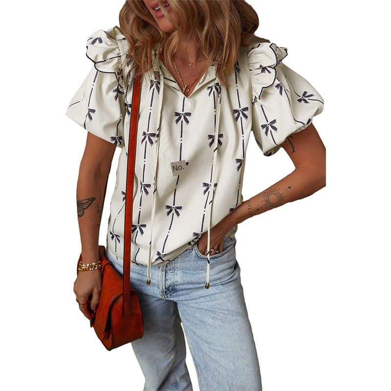 

American Shiying Spring New Arrival Bows Print Chiffon Shirt Women 2025 Fashionable Versatile Short Sleeve Tops Women Apricot color Size S fit (45.00 kg-55.00 kg