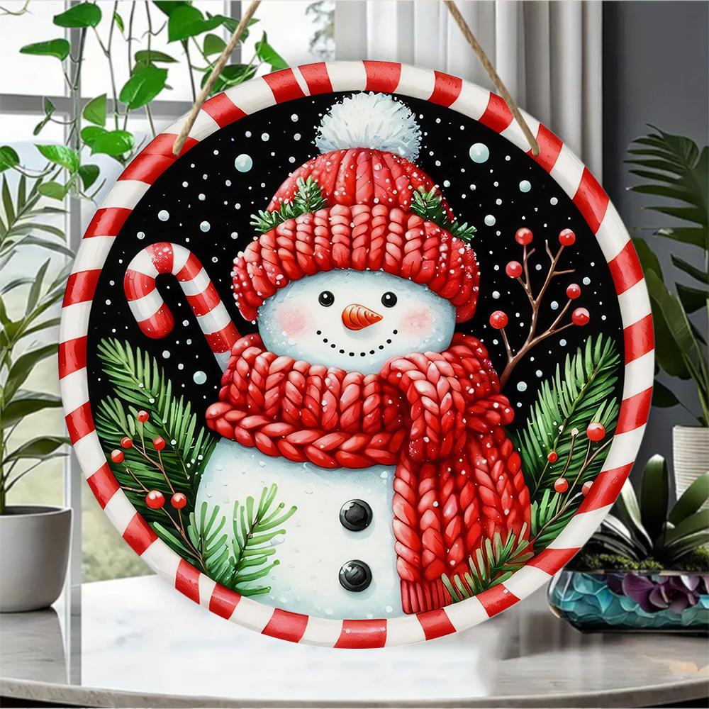 Snowman Pattern Winter Holiday Wall Art Round Wooden Hanging Plaque Seasonal Farmhouse Decor Porch Door Sign Christmas Home Party Ornament