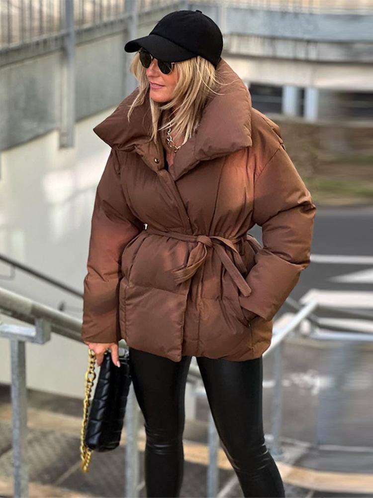 Women's Stand Up Collar Hooded Long Sleeved Zipper Glossy Thick Jacket for Winter