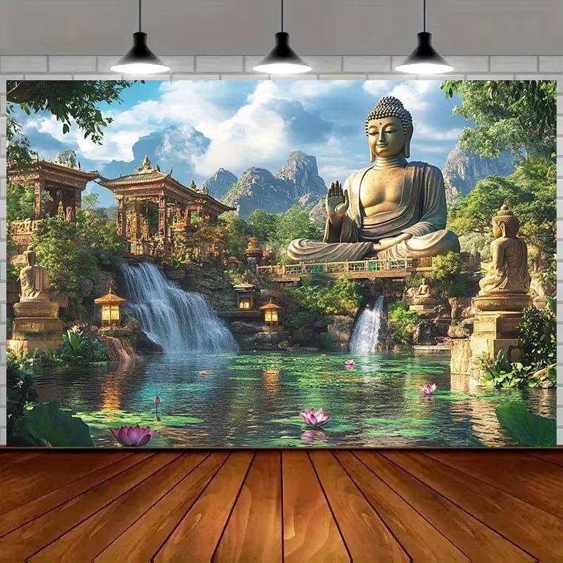 

2D Spiritual Buddha Backdrop Temple with Waterfall and Lotus Pond Party Background 47.2x31.5inch/120*80cm