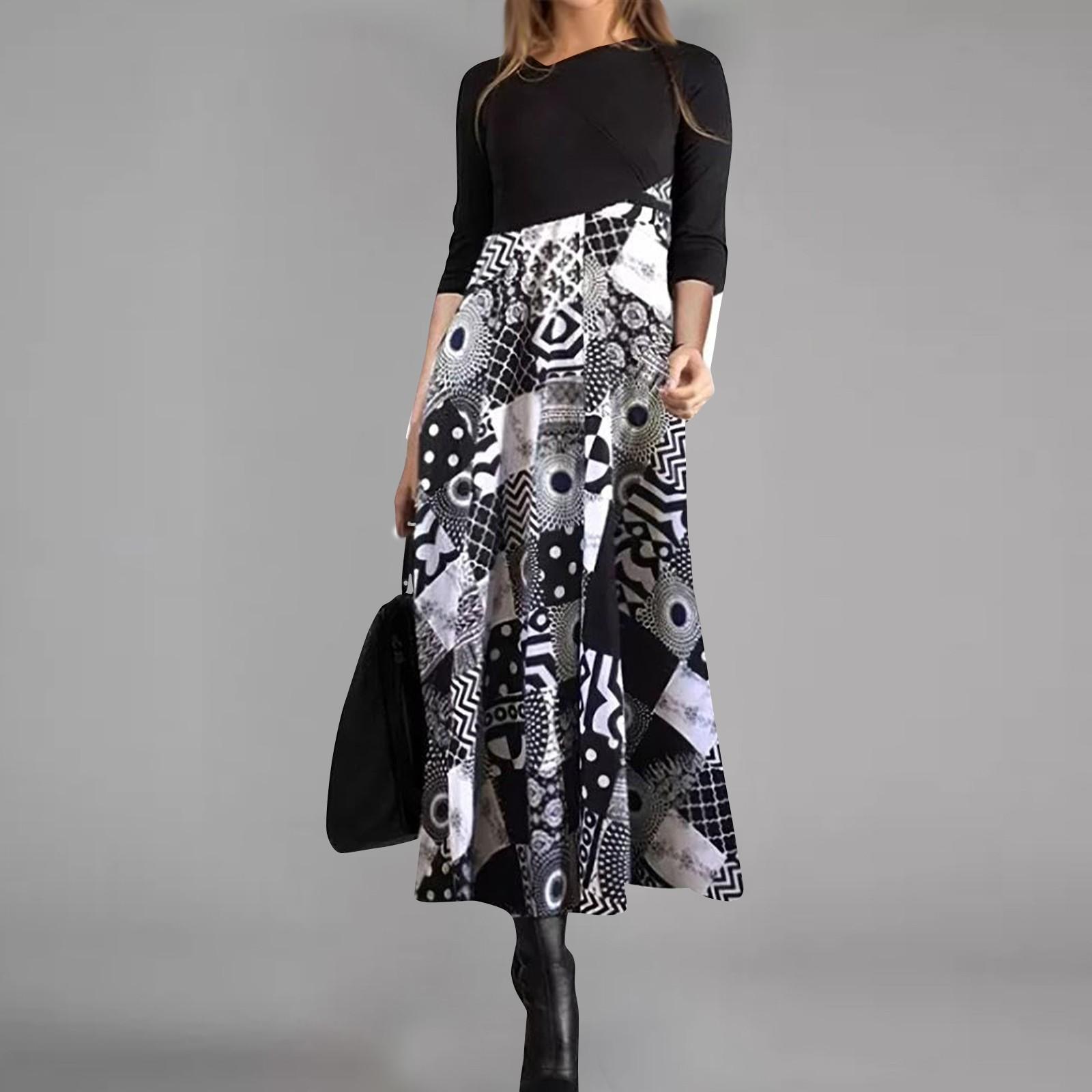 Women s Casual Fit Long Sleeve Maxi Bohemian Print Dress XXXL