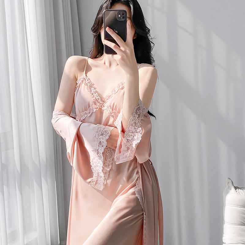 Ice silk long cross suspender nightdress summer simulation silk lace sexy loungewear women's thin outer cover suit