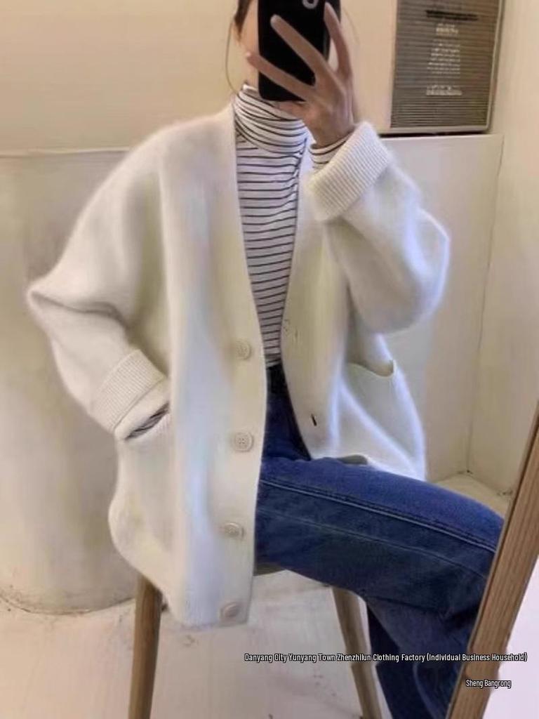 Women's Mid-Length Plus Size Wool Cardigan - Versatile Loose Knit Sweater Coat