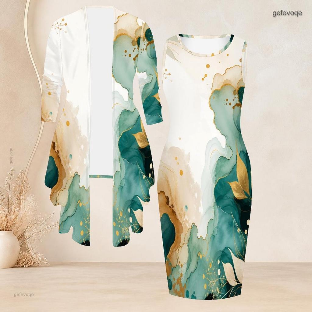 Women Plus Size Two Piece Set Round Neck Sleeveless Bodycon Dress Three Quarter Sleeve Blue Printed Open Cardigan