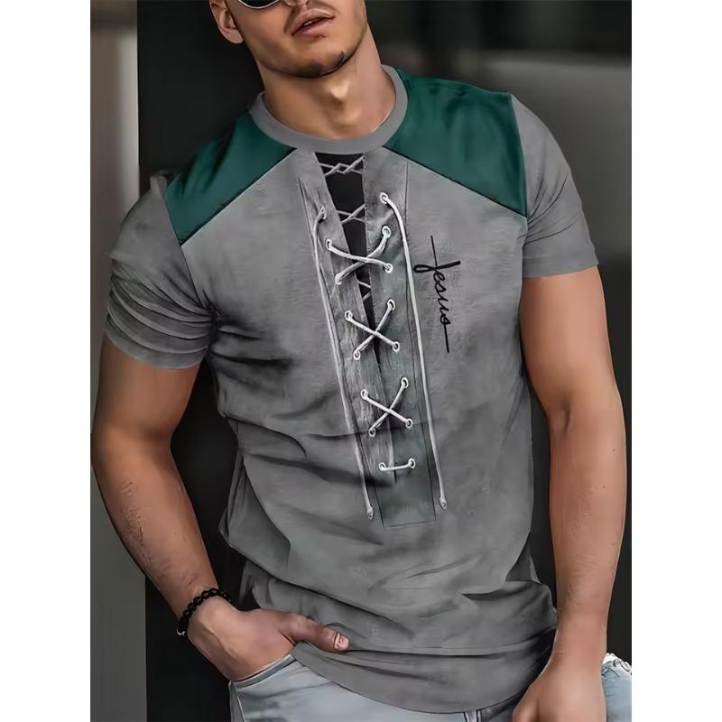 Summer Round Neck 3D Personalized Fake Two Print Top Fashionable Casual Short Sleeved Men's T-shirts