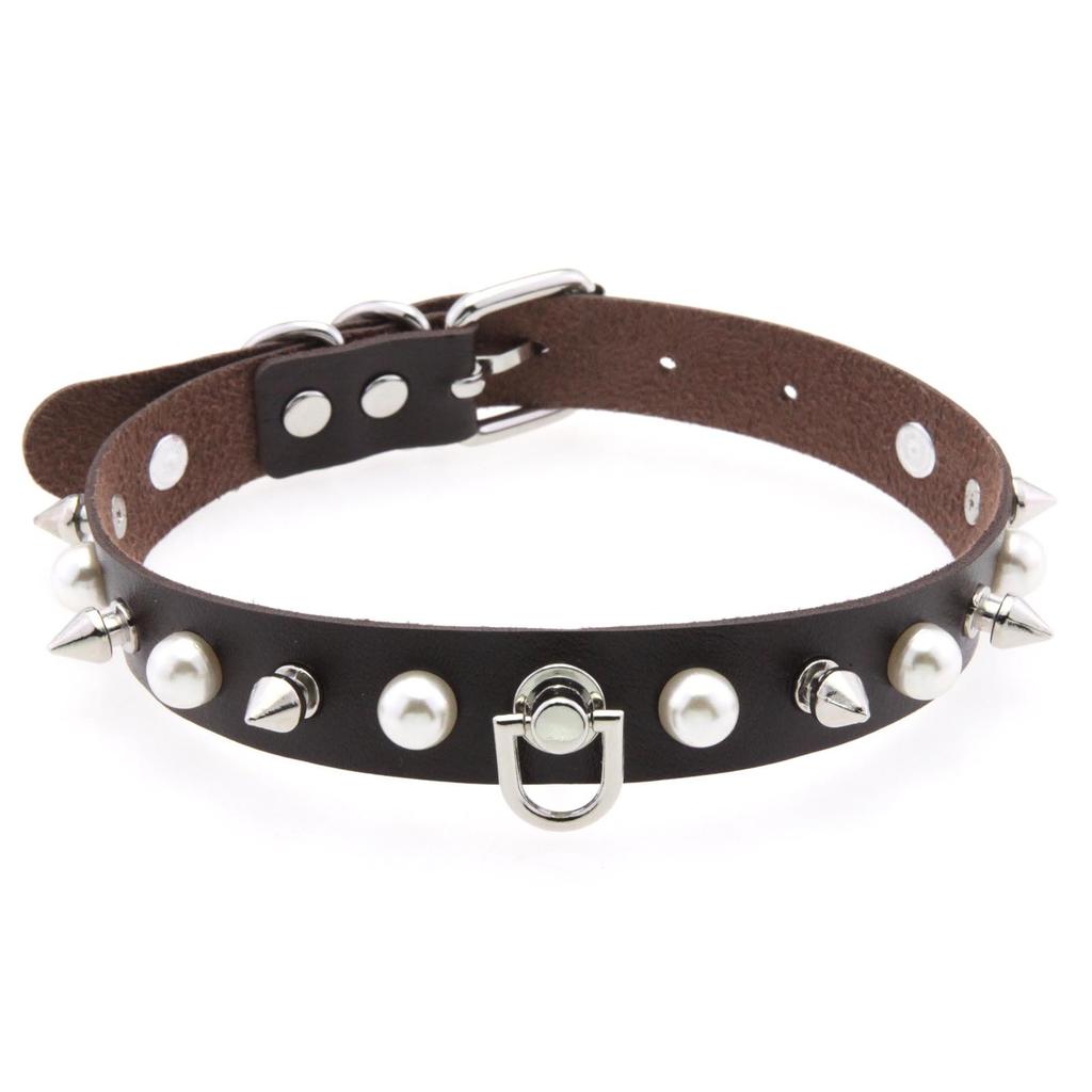 Alloy Spike D-ring Choker, Faux Pearl Rivet D Buckle Leather Clavicle Necklace