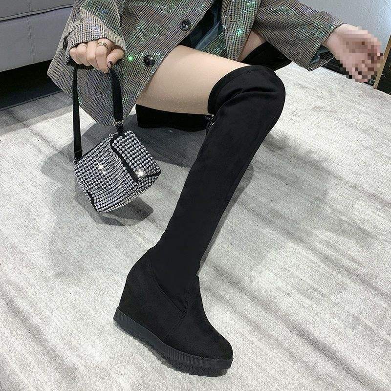 Over Knee Boots Women's Skinny Winter Fleece Elastic Boots Tall Boots Rhinestone Heel Inner Height Increasing Suede Boots