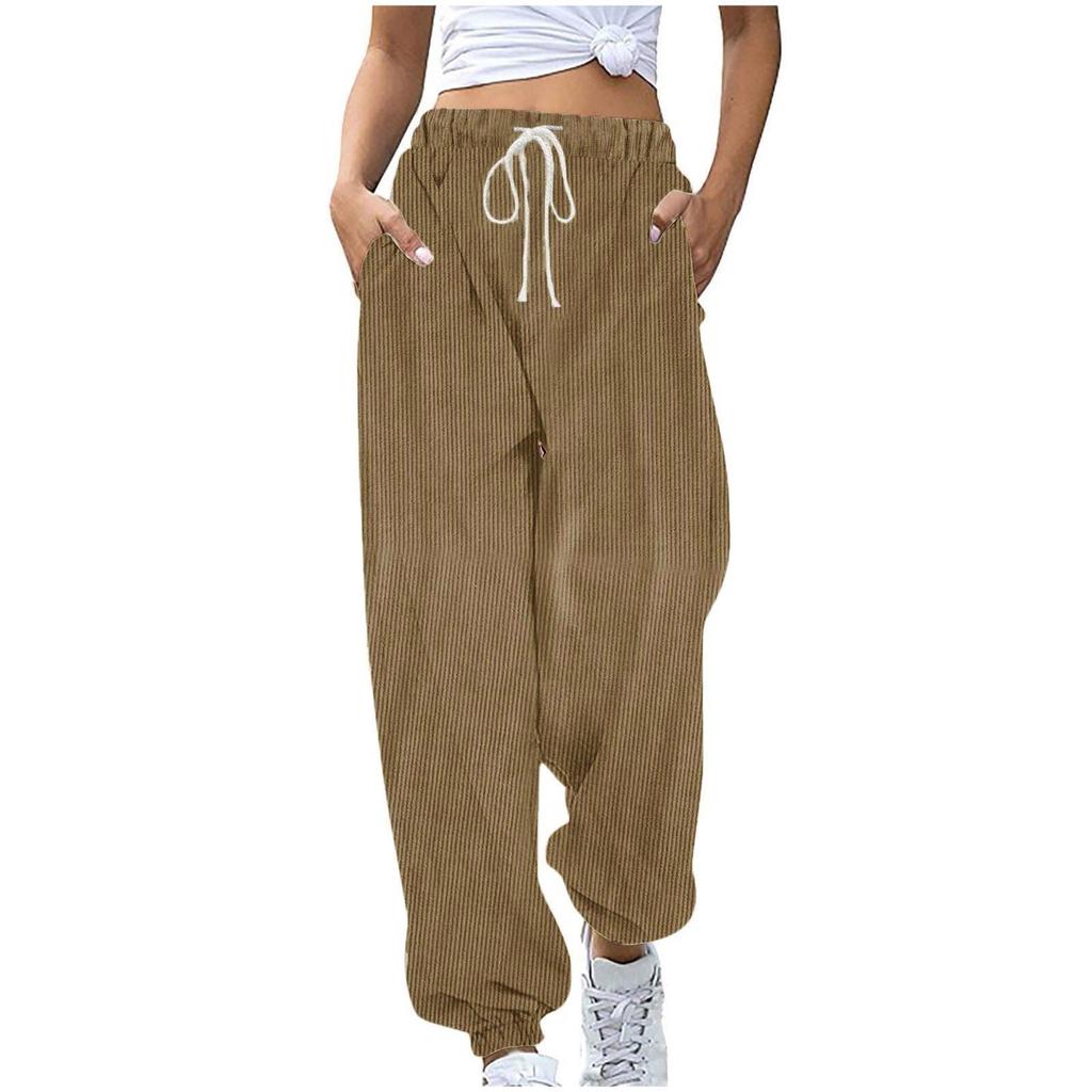 Women's Solid Colour Elastic Drawstring Waist Corduroy Drawstring Casual Side Pocket Trousers