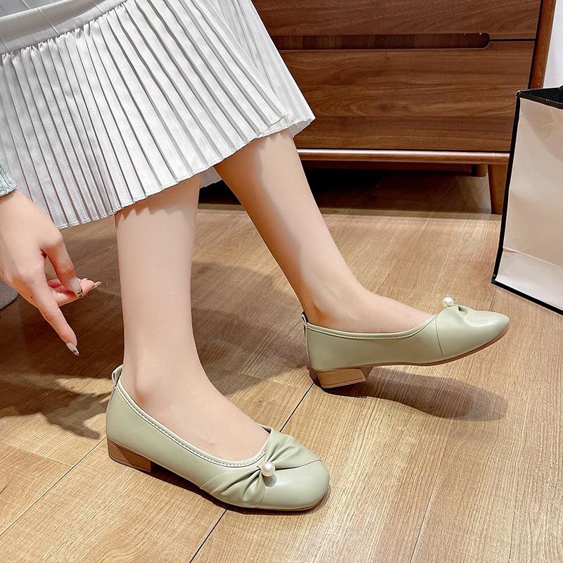 Women's Flat Shoes Spring New Square Head Shallow Mouth Pearl Soft Sole Anti-slip Wear-resistant Single Shoes