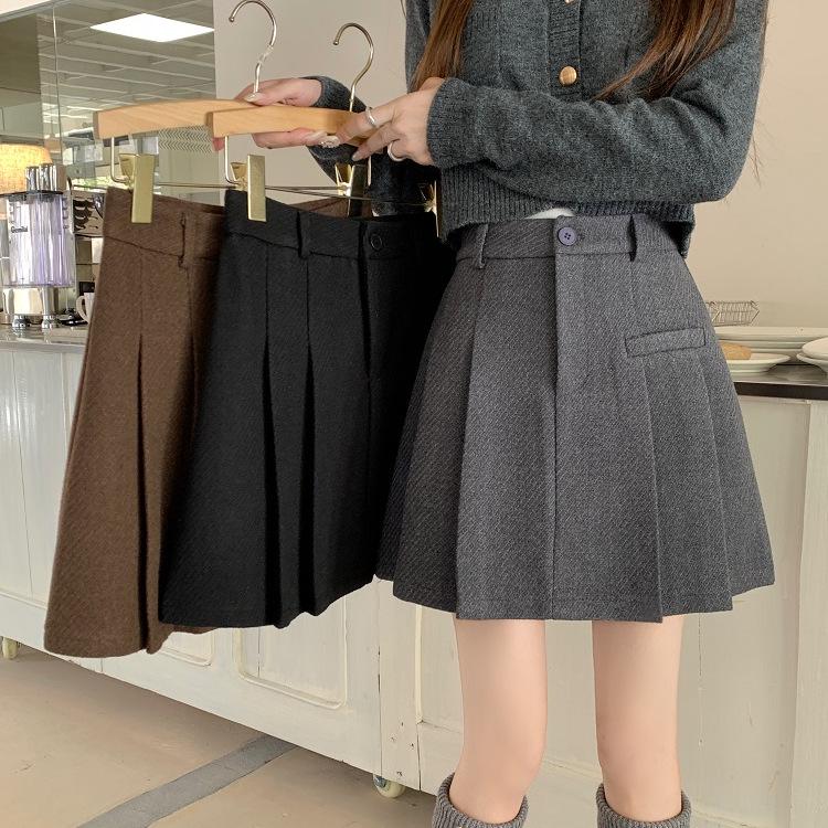 High-Waisted Woolen Pleated Skirt - Women's A-Line Winter Fashion