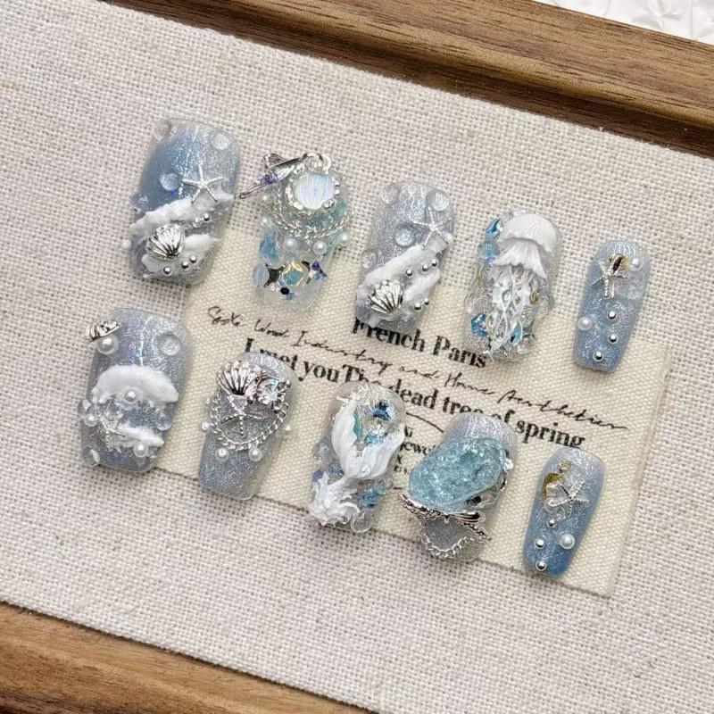 Handmade Mermaid Tail Press-On Nails Short Almond Shape Blue Ocean Design Women Girls