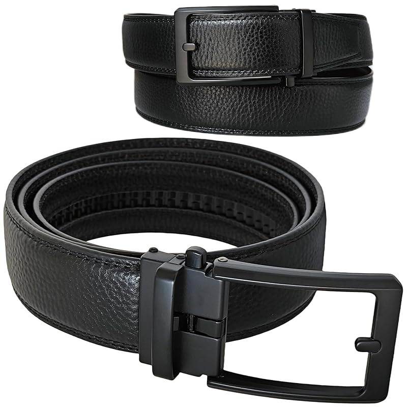 

[JIFANPAUL] belt men s business genuine leather cowhide Grained leather suit belt auto lock type No hole big size free size one touch casual Stepless