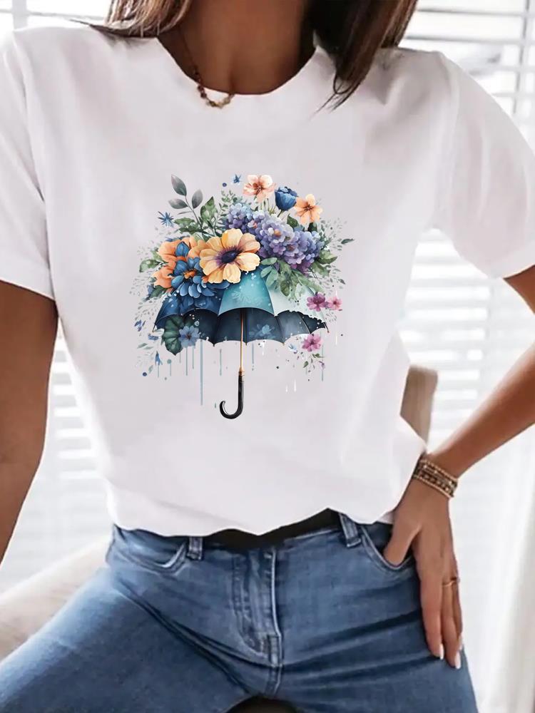 (Asian Size) Watercolor Flower Trend Women Tee Top Fashion Clothing T Shirt Woman Print Female Short Sleeve Graphic T-shirts