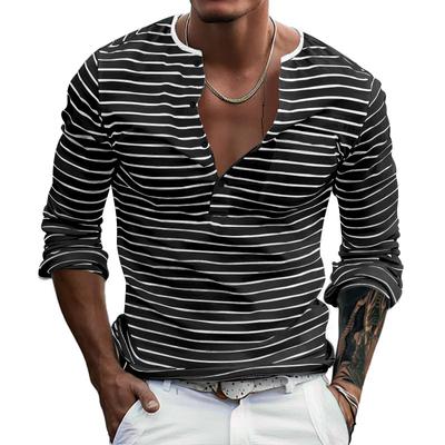 Men's Autumn and Winter Long-sleeved T-shirt Men's Slim and Versatile Base Henry Shirt Pearl Cloth Horizontal Striped Top