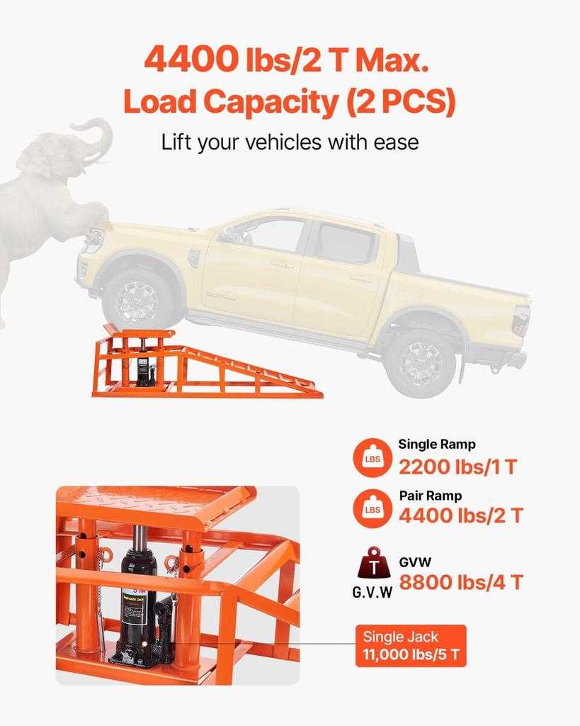 Hydraulic Car Ramps, 2 PCS 5T 11000 Lbs, 270-360 Mm Lift Height, Heavy Duty Hydraulic Vehicle Ramps, Portable Car Lifts for Home Garage Maintenance