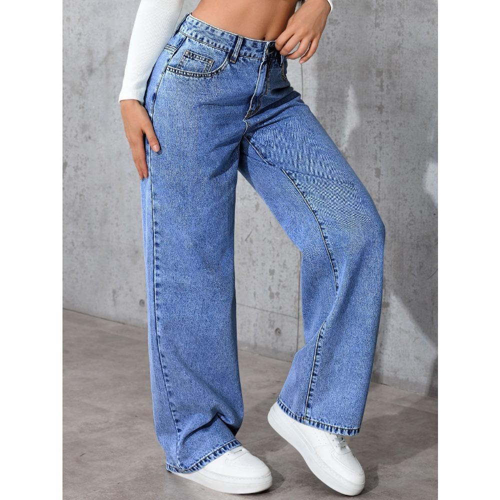 Damen Jeans mit hoher Taille und geradem Bein, Lockere Wide Leg Jeans aus Denim, Säuregewaschen Hellblau Dehnbare Jeans mit Taschen, Lässige Büro-Arbeitshosen