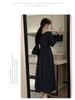 French Hepburn Style Long Sleeve Square Neck Dress for Women - Autumn High-End Inner Layer Long Skirt