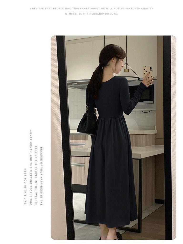 French Hepburn Style Long Sleeve Square Neck Dress for Women - Autumn High-End Inner Layer Long Skirt