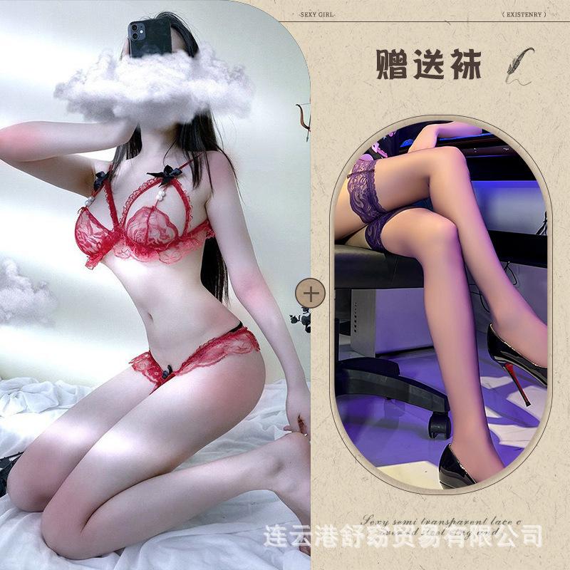 Sex underwear pearl underwear bra temptation transparent polyester women's three-point open crotch milk hair