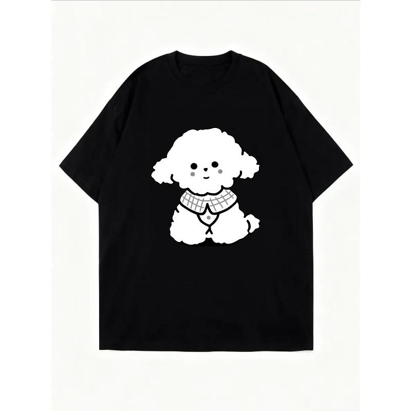 Cute Dog T Shirt White Cartoon Poodle With Scarf Print Casual Everyday Wear