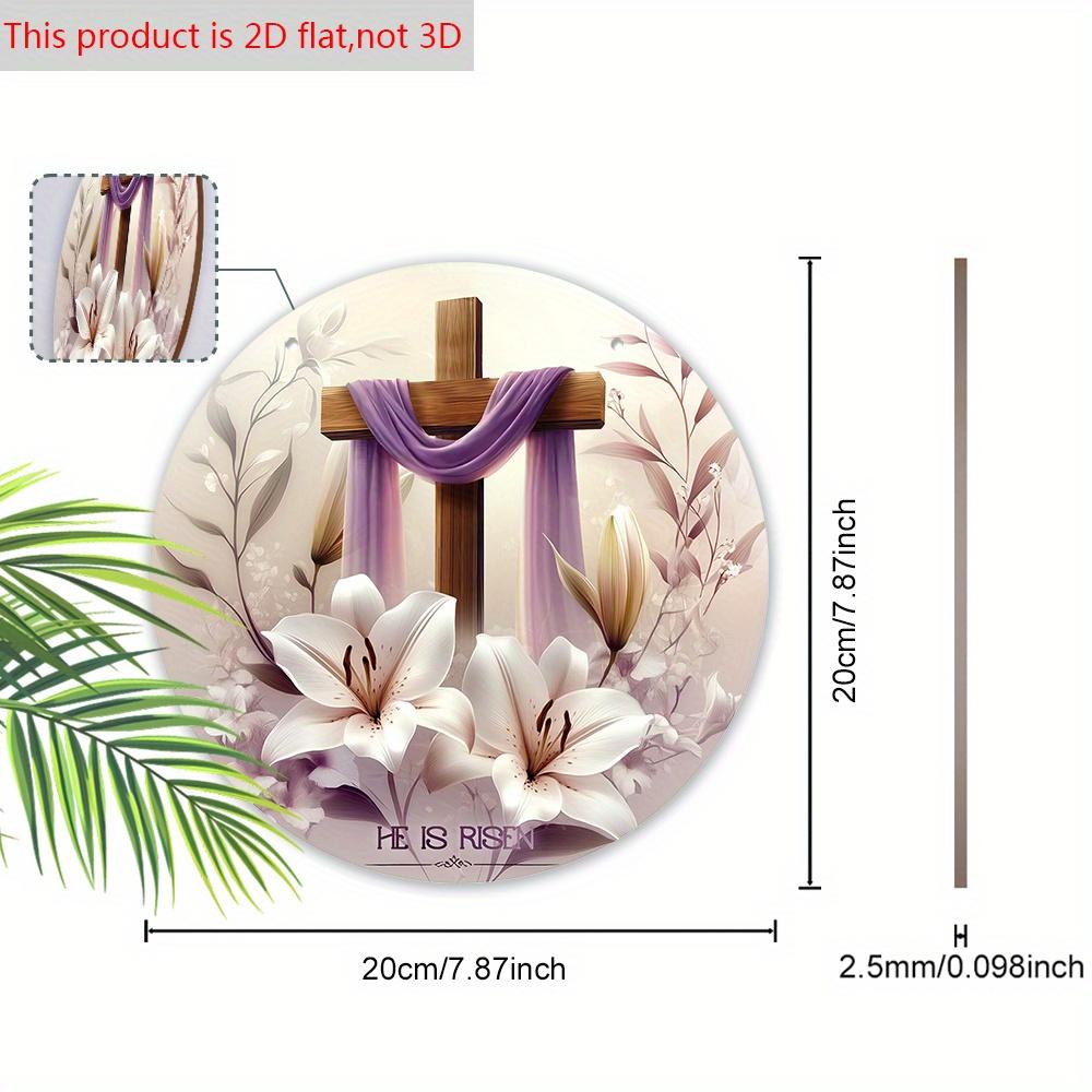 2D Flat, 1pc Easter Sign White Lily Flowers and Cross Wooden Ornaments 7.87x7.87inch Round Wall Art Decor Plaque Easter Decoration Perfect for Front