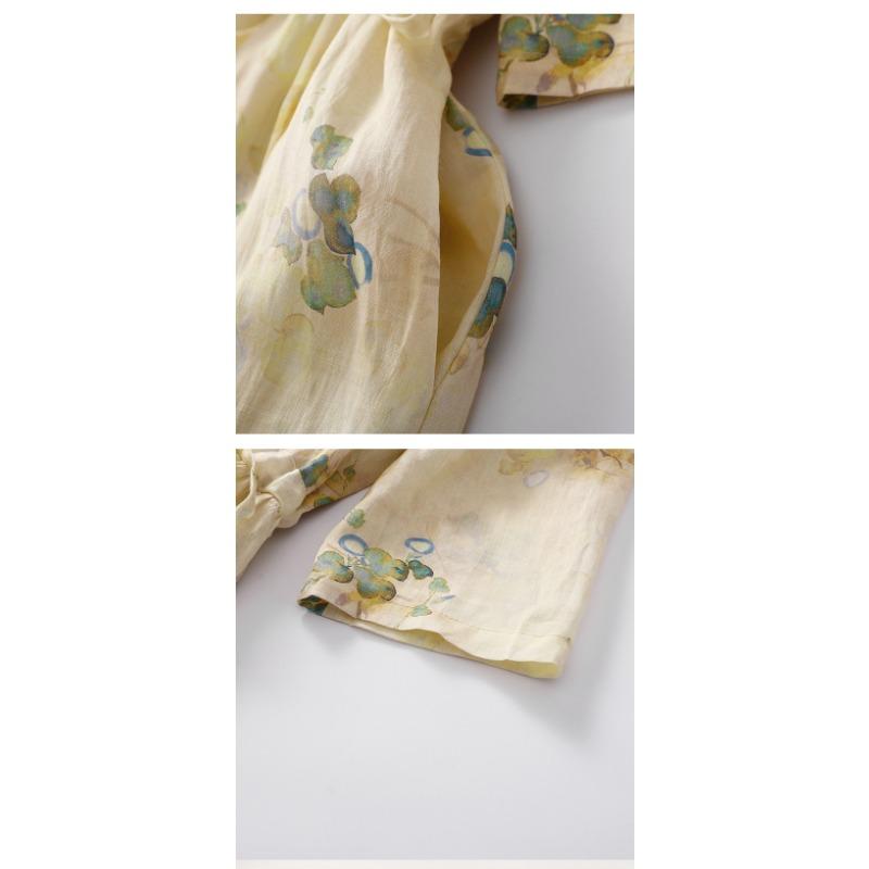 Five Quarter Sleeve Printed Waist Cinching Temperament Long Cotton and Linen Women's Dress