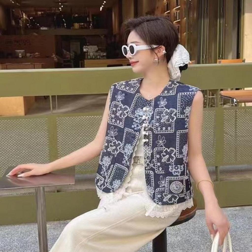 Women's 2025 Chinese Lace Embroidery Denim Blue Tank Top