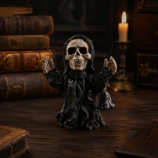 Small Halloween Statues for Shelves Resin Figurine, Spooky Skeleton Pumpkin Ghost Statue Home Accents Tiered Tray, Tabletop, Shelf, Indoor Kitchen