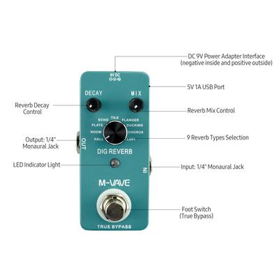 M-VAVE DIG REVERB Pedal de efectos de guitarra con reverberación digital 9 tipos de reverberación Control de caída y mezcla True Bypass